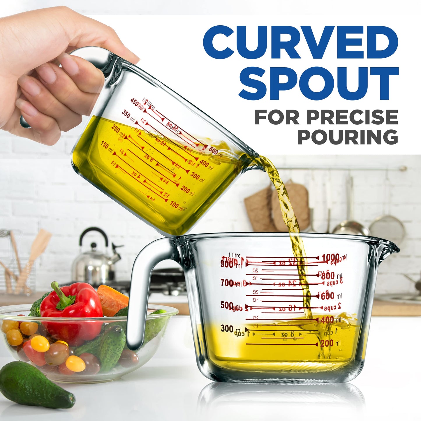 NutriChef 2 Pieces Measuring Cups - BPA-Free Premium Heat Resistant Borosilicate Glass Measuring Cups w/ Handle, Precise Measurement w/ Oz & Ml Scale in 500ml & 1000ml, Microwave & Oven Safe