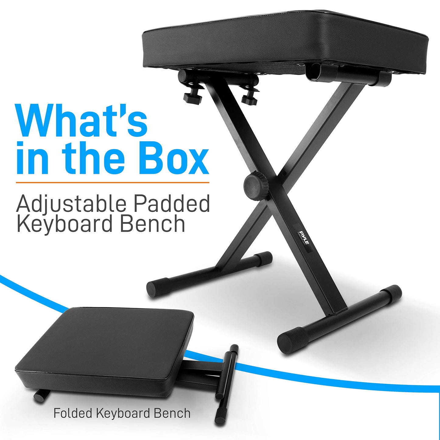 Pyle Adjustable Padded Keyboard Piano Bench - X-Style Foldable Keyboard Piano Seat w/Three Height Positions, 4 Non-Slip Rubber Feet, Extra Thick Foam Cushion PKST52