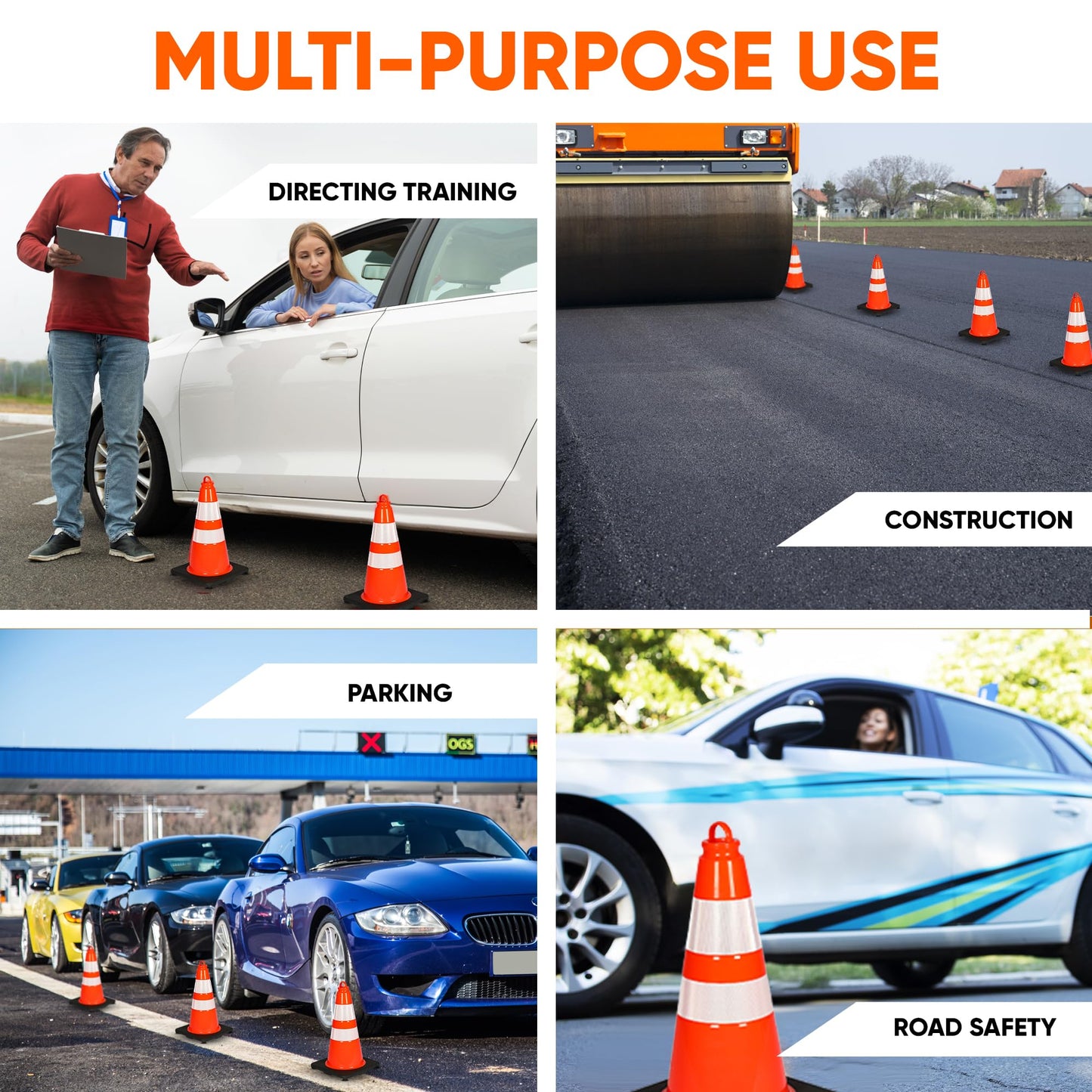 Pyle 18" PVC Traffic Cones, 6-Pack Safety Cones for Parking, Construction, Roadwork, & Sports Training, High-Visibility Orange, Durable, Stackable Design, Heavy-Duty Base for Stability in All Weather