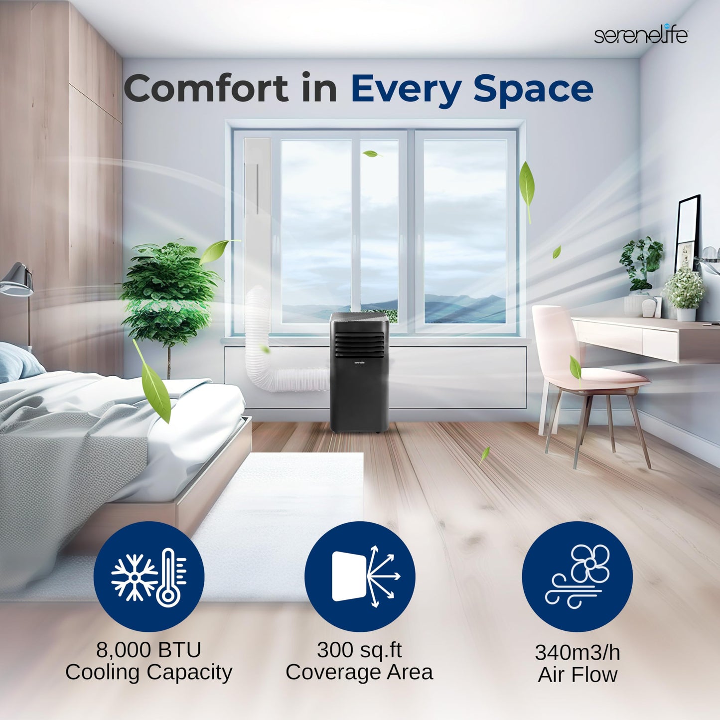 SereneLife 8000 BTU Portable Air Conditioner - 3-in-1 Portable AC Unit for Bedroom Up to 300 Sq.Ft, 24H Timer, Remote Control, Sleep Mode, Wheels, with Window Mount Kit, Black