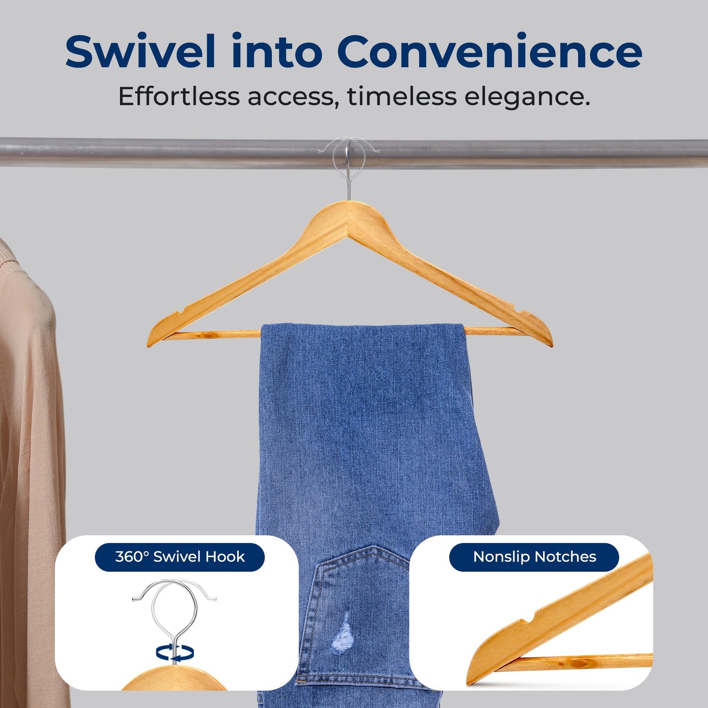SereneLife 80-Pack Solid Wooden Hangers – Heavy Duty Natural Wood with 360° Swivel Hook, Shoulder Notches & Pants Bar – Space-Saving Design for Suits, Jackets, Dresses, Shirts & More