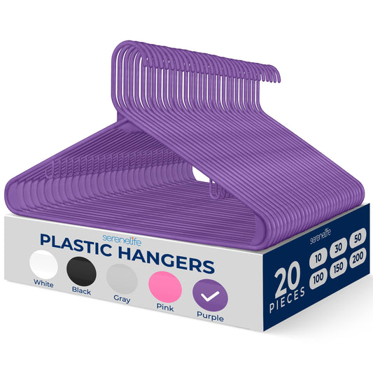 SereneLife Premium 20 Pack Plastic Hangers, Lightweight, Durable, Space Saving Clothes Organizers, Suitable for Shirts, Sweaters, Hoodies, Dresses, Kids Clothes, Good for Home Organization (Purple)