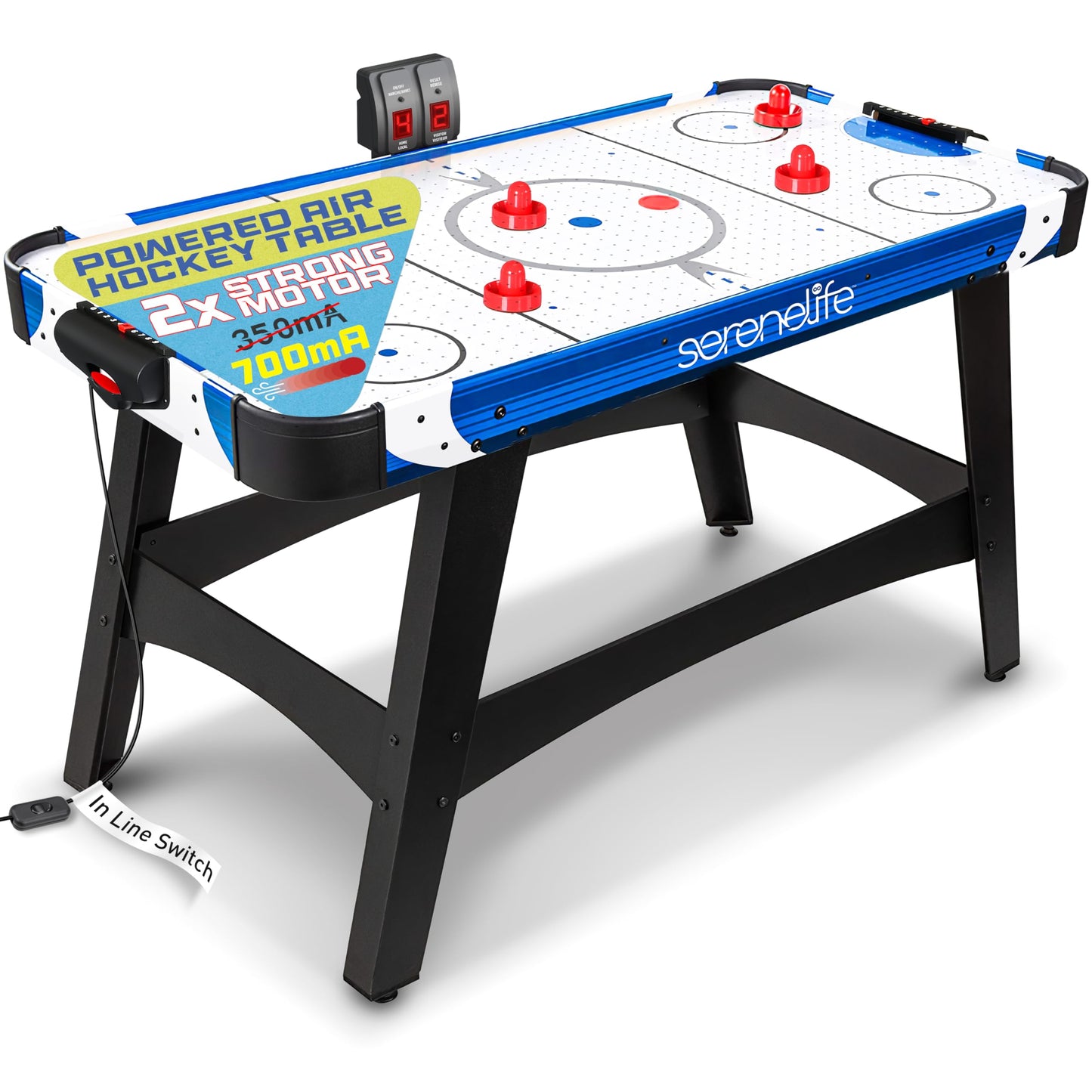 SereneLife 54" Air Hockey Game Table with 2X Stronger Motor, Light-up Scoreboard, AC in Line Power Switch Includes 2 Pucks, 2 Pushers - Blue