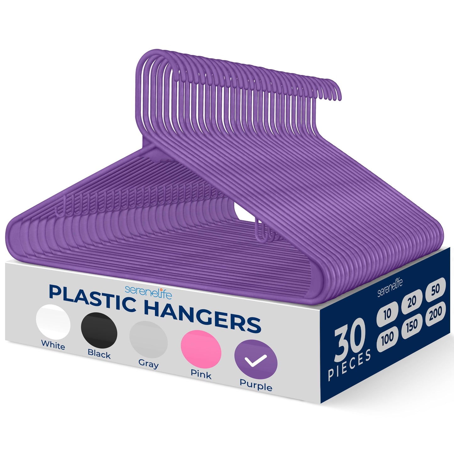 SereneLife 30 Pack Plastic Clothes Hangers – Non-Slip, Heavy Duty Adult Coat Hanger Set with 360° Swivel Hook – Slim, Space-Saving Closet Organizers for Shirts, Pants & Jackets – Purple