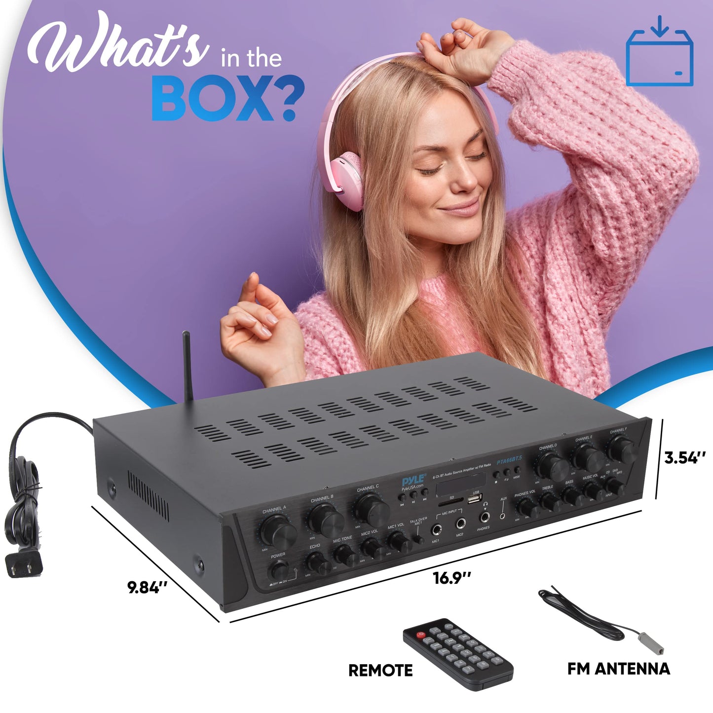 Pyle 600W 6-Channel Bluetooth Stereo Amplifier - Audio Receiver with Digital LCD - Microphone Input - USB - SD - AUX - RCA - FM Radio - Headphone Jack - Multi-Zone Control - PTA66BT