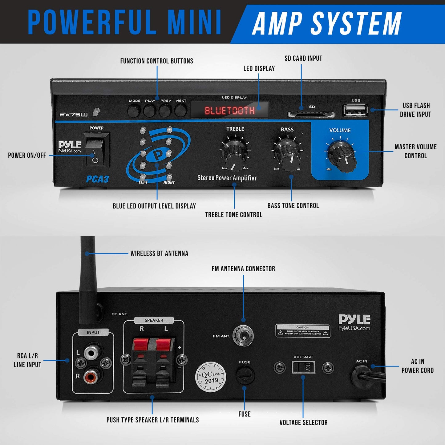 Pyle Home Audio Power Amplifier System – 2X75W Mini Dual Channel Bluetooth Stereo Receiver Box with LED – Amplified Speakers, CD Player, Theater via 3.5mm RCA – For Studio, Home Use