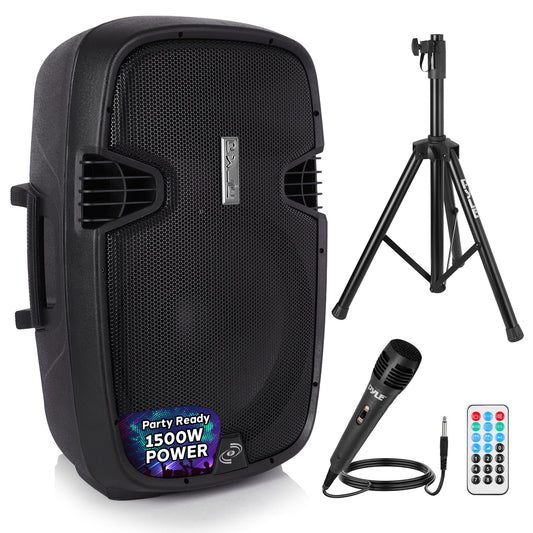Pyle PPHP155ST Wireless Portable PA Speaker System - 1500W High Powered Bluetooth Compatible Active Outdoor Sound Speakers w/ USB SD MP3 RCA - 35mm Mount, Stand, Microphone, Power Cable, Black, 15"