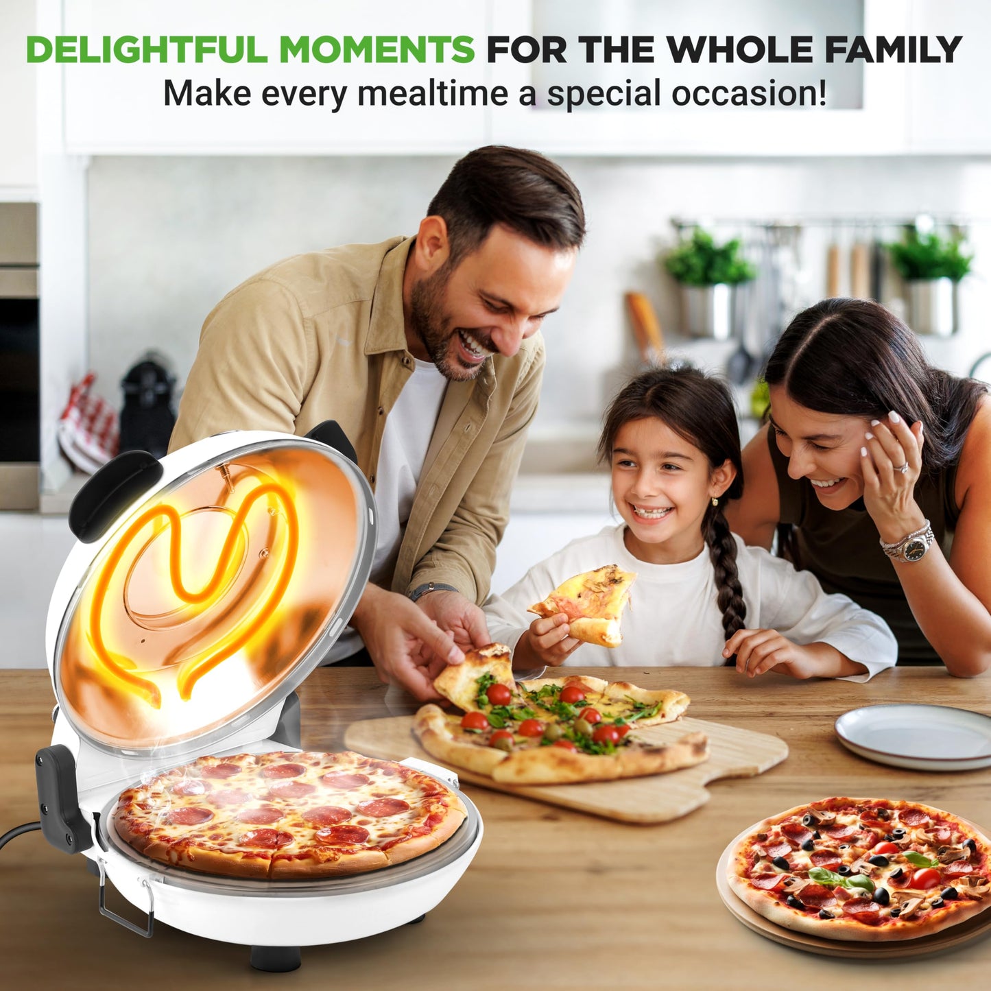 NutriChef Electric Pizza Oven | 12 Inch Countertop Pizza Maker with Temperature Control & Thermometer | Viewing Window for Precise Cooking | Heats up to 800F | Easy to Clean Non-Stick Stone | White