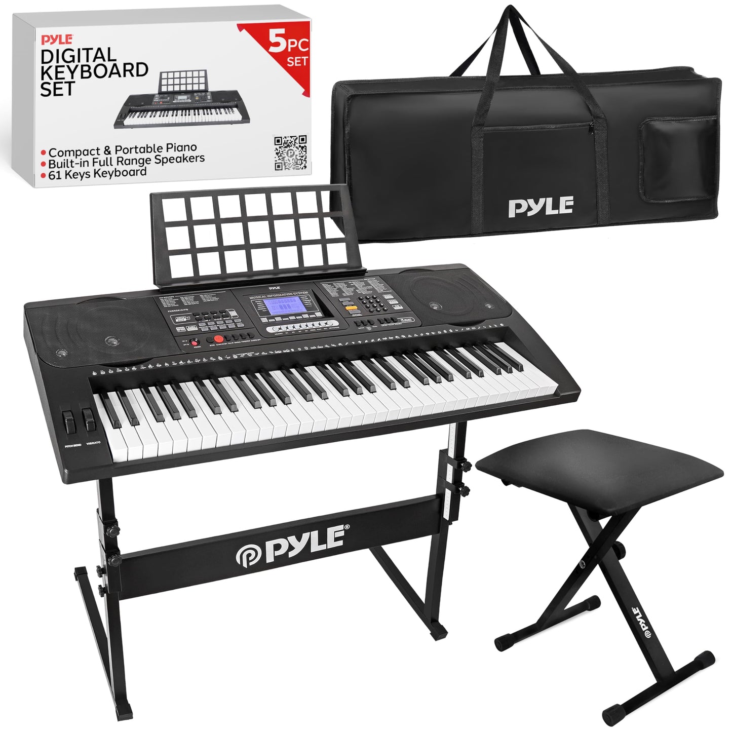 Pyle, Digital Musical Karaoke Portable Electronic Piano Includes Water-Resistant Case Bag Stool & Keyboard Stand (61 Keys), Stadard (PKBRD6151PB)