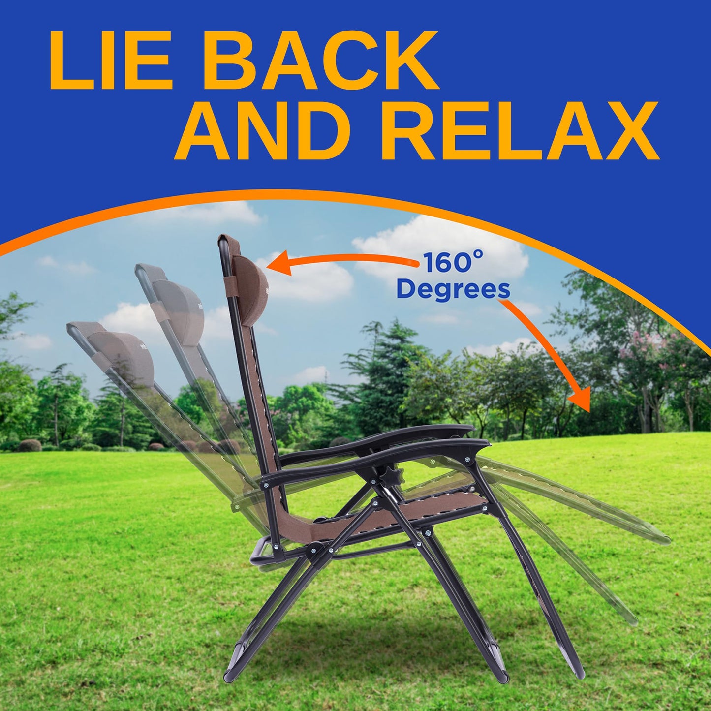 SereneLife Outdoor Zero Gravity Recliner Lounge Chairs 2-Pack with Padded Headrests, Plastic Side Tables & Cup Holders – Foldable Patio, Deck & Lawn Chairs for Relaxing, Camping – Brown