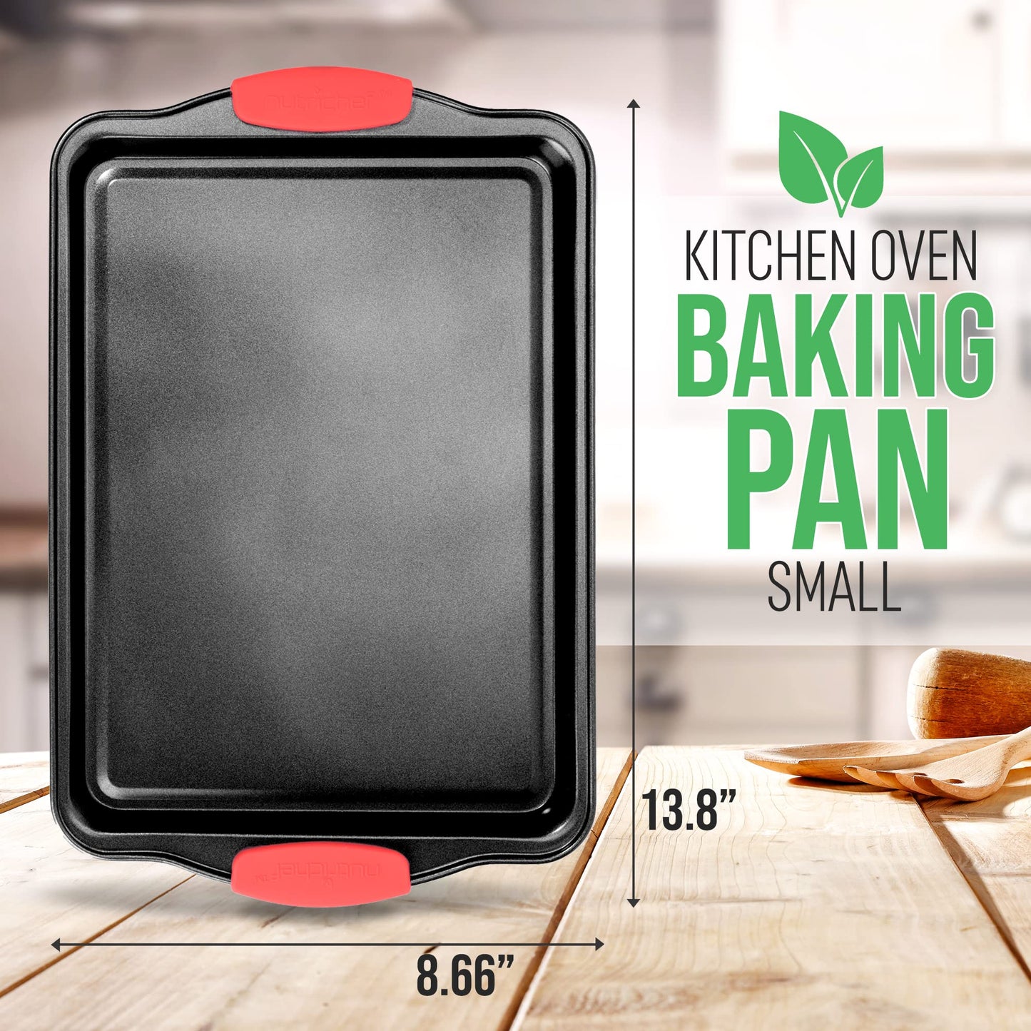 Nutrichef Nonstick Small Cookie Baking Sheet, Smooth Gray Coating with Red Silicone Handles, Kitchen Essential, Durable Sheet Pan, Dishwasher Safe, PFOA, PFOS, PTFE Free, 13.38’’ × 8.66’’ × 0.59’’