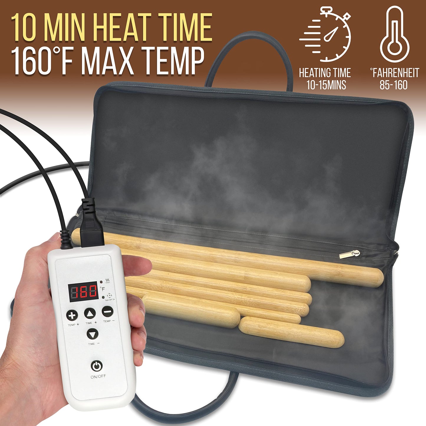 SereneLife Bamboo Massage Sticks Warmer Set with Portable Heating Bag, Electric Professional Massager Heating Therapy Kit with Digital Temperature Controller, 8 Bamboo Massage Sticks (Black)