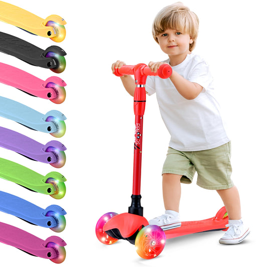 Hurtle Mini Kickboard Scooter for Kids - Height Adjustable 25''-28'', Lightweight 3-Wheel with LED Light-up Wheels, Anti-Slip,Indoor/Outdoor Fun, Micro Scooters for Ages 2-5 (Red)