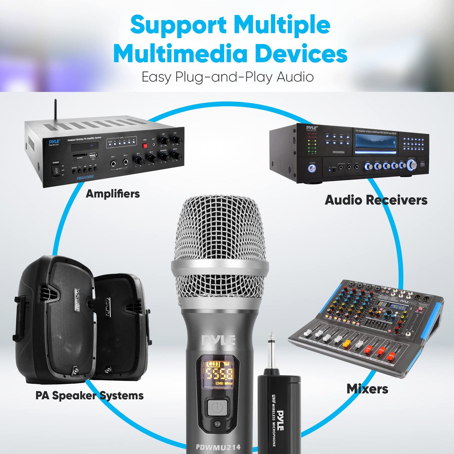 Pyle UHF Wireless Microphone System Kit - Dual Professional Battery Operated Handheld Dynamic Unidirectional Cordless Microphone Transmitter Set w/Adapter Receiver - PA Karaoke DJ Party PDWMU214,Black