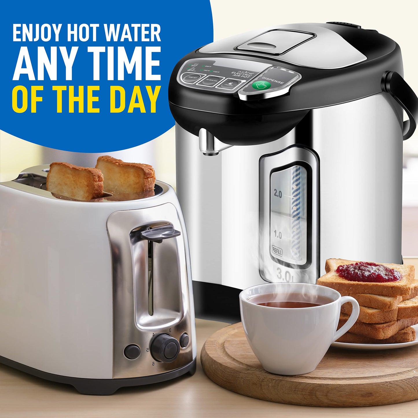 NutriChef Electric Water Boiler and Warmer - 3L/3.17 Qt Stainless Steel Electric Hot Water Dispenser w/Rotating Base, Auto Shut Off, Safety Lock, Instant Heating for Coffee & Tea (NCHUB13)