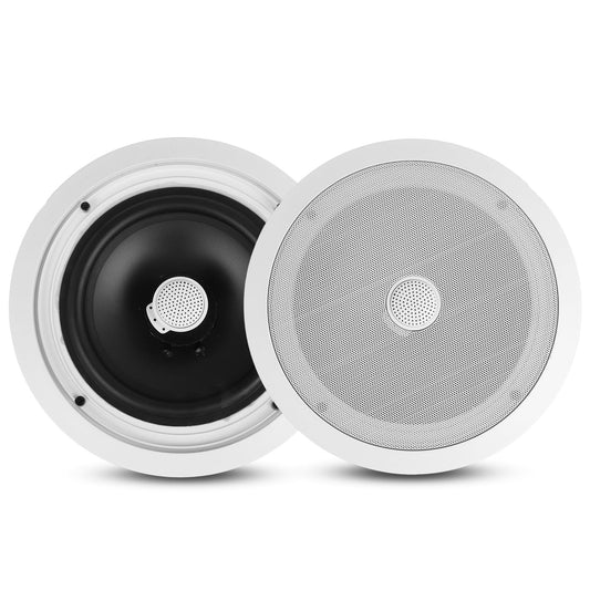 Pyle 8” Ceiling Wall Mount-Pair Of 2-Way Midbass Woofer Speaker Directable 1” Titanium Dome Tweeter Flush Design W/ 55Hz-22kHz Frequency Response & 300 Watts Peak Easy Installation- Pyle PDIC80,White