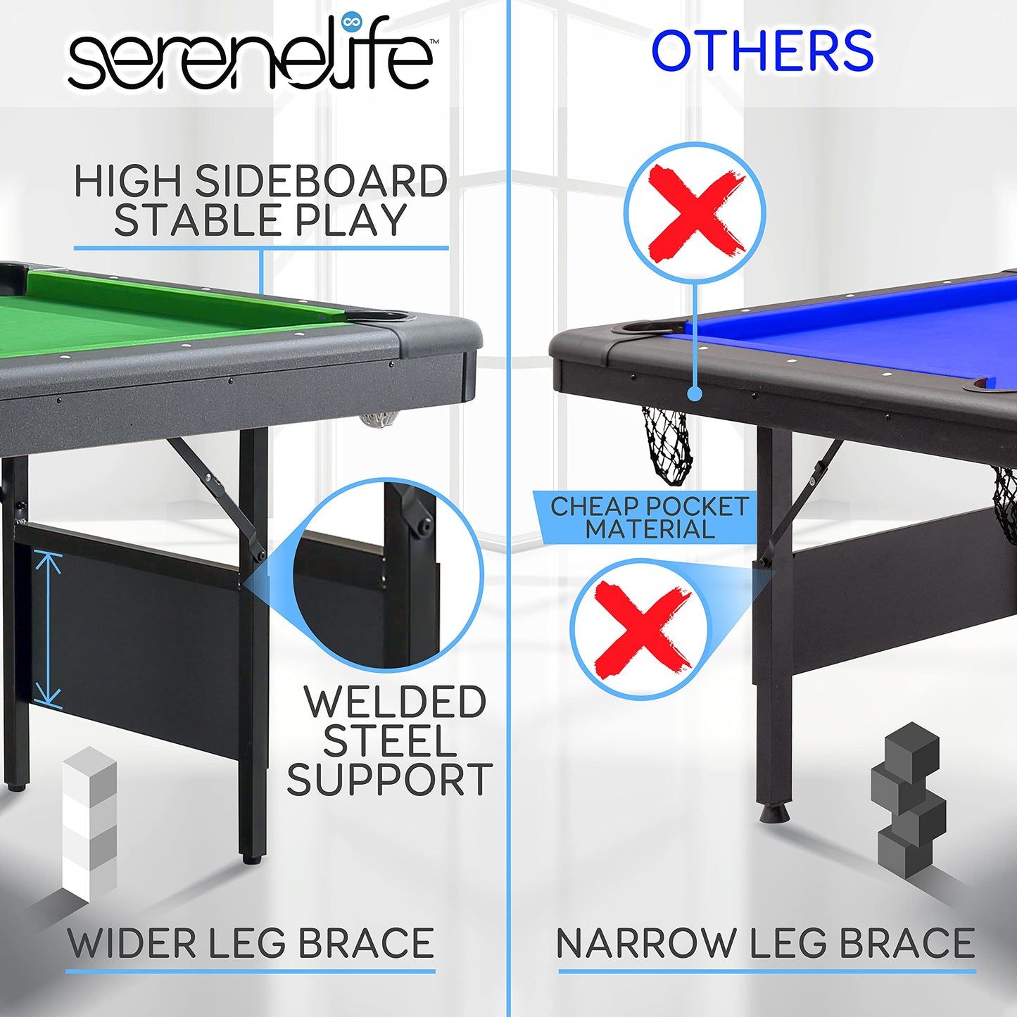 SereneLife 6-Ft Folding Pool Table - Portable Billiard Table - Includes 2X Cue Sticks, Full Set of Balls, Chalk, Brush - Foldable for Kids and Adults - SLPLTB76