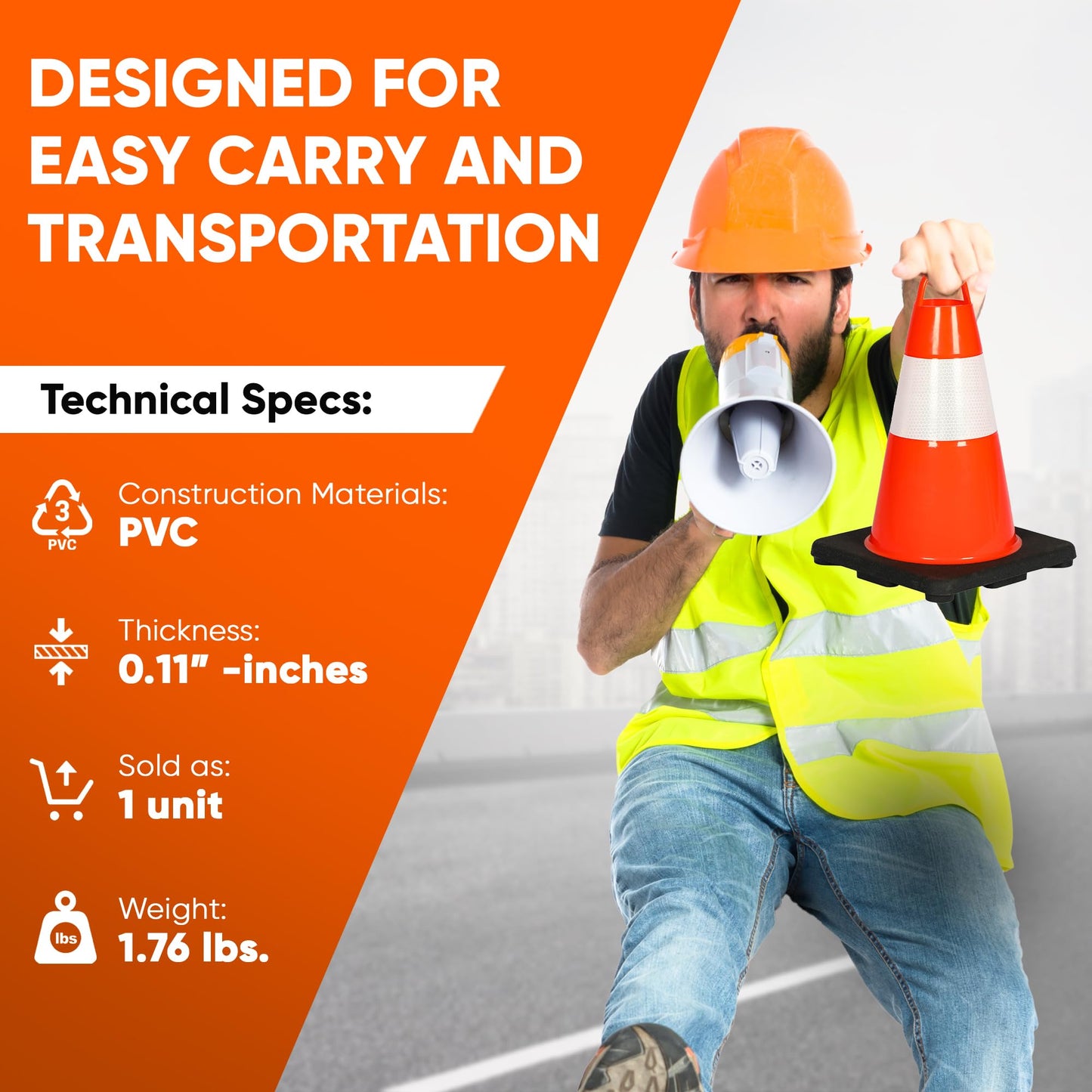 Pyle 12" PVC Traffic Cones, 6-Pack Safety Cones for Parking, Construction, Roadwork, & Sports Training, High-Visibility Orange, Durable, Stackable Design, Heavy-Duty Base for Stability in All Weather