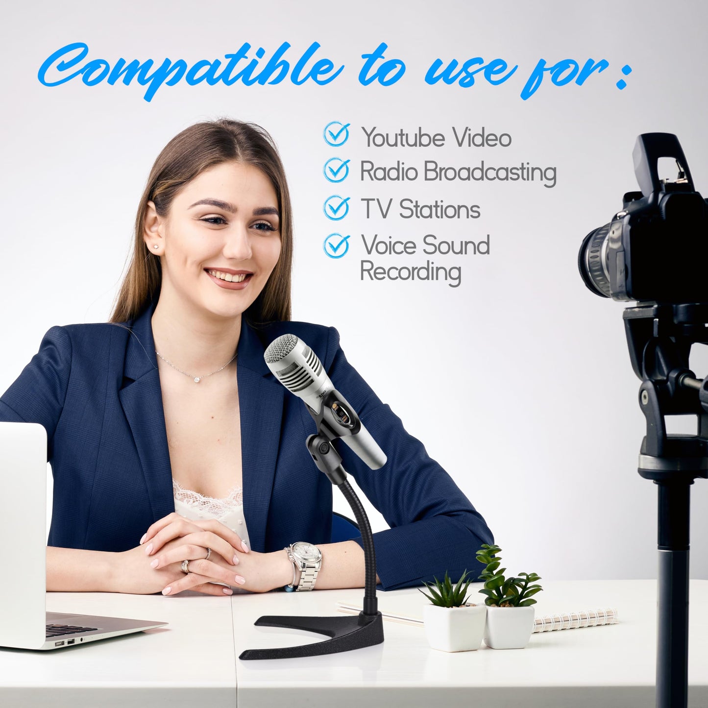 Pyle Universal Adjustable Desktop Microphone Stand - Tabletop Mic Holder Low Profile Mic Stand w/ Flexible 8.2'' Gooseneck Mount & U Shape Base - Table Tops, Desk, Podium, Counter Use PMKS8X2 (Pair)