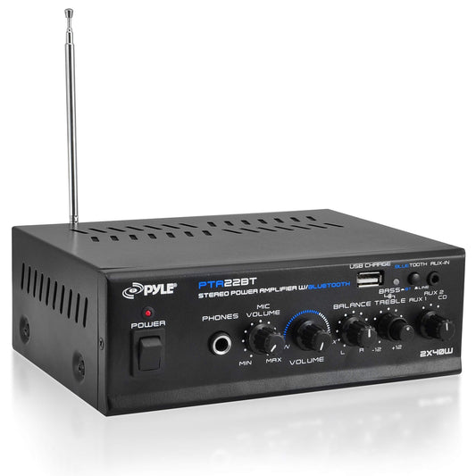 Pyle Bluetooth 5.0 Mini Home Audio Amplifier - 40W x 2 Compact Desktop Stereo Receiver with USB - SD - FM - Mic Input - Pager & Mixer Karaoke Modes - RCA Input - AUX - Headphone Jack - PTA22BT