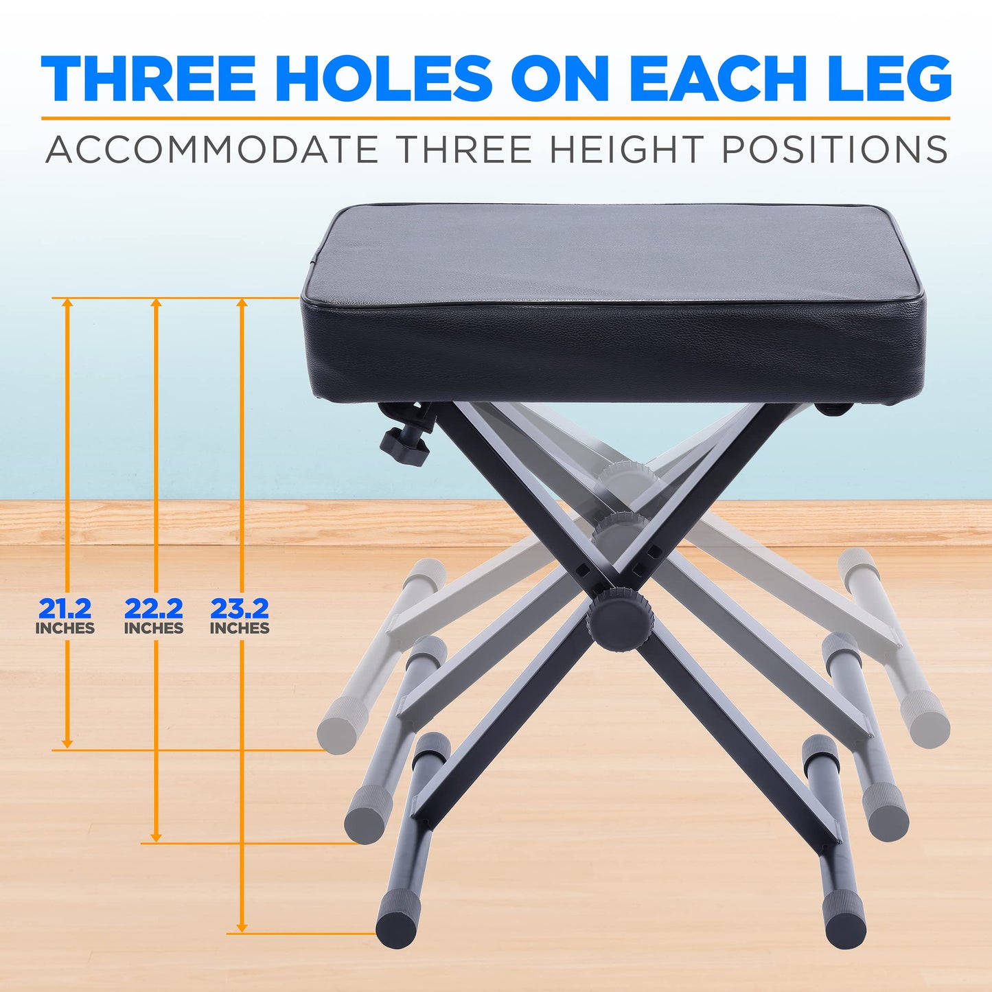 Pyle Adjustable Padded Keyboard X Bench, 21.2 - 23.2 Inches Height, 2.6'' Thick Fire-Retardant Sponge Padding Designed to Fit Users of all Sizes and Playing Styles, Foldable Design for Easy Transport