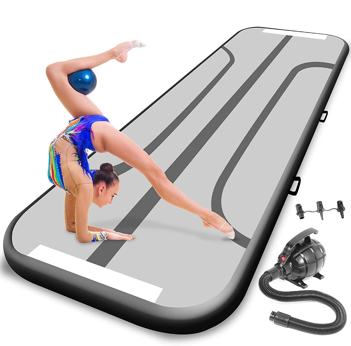 SereneLife Inflatable Air Tumbling Mat - 9.8 Ft Outdoor/Home Indoor Gymnastics Mat Air Tumbling Mat Track - Floor Tumble Track Mats For Gymnast, Yoga, Cheerleading - (Black)
