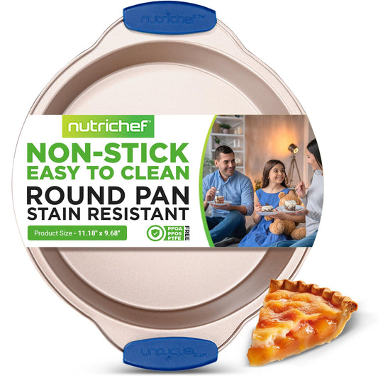 NutriChef Nonstick Round Cake Pan - Carbon Steel Oven Bakeware Pan with Silicone Grip Handles - PFOA, PFOS, PTFE Free - Bake Cake, Brownies, Pie, Bread, & More - Dishwasher Safe, 9.7 Inch (Gold)