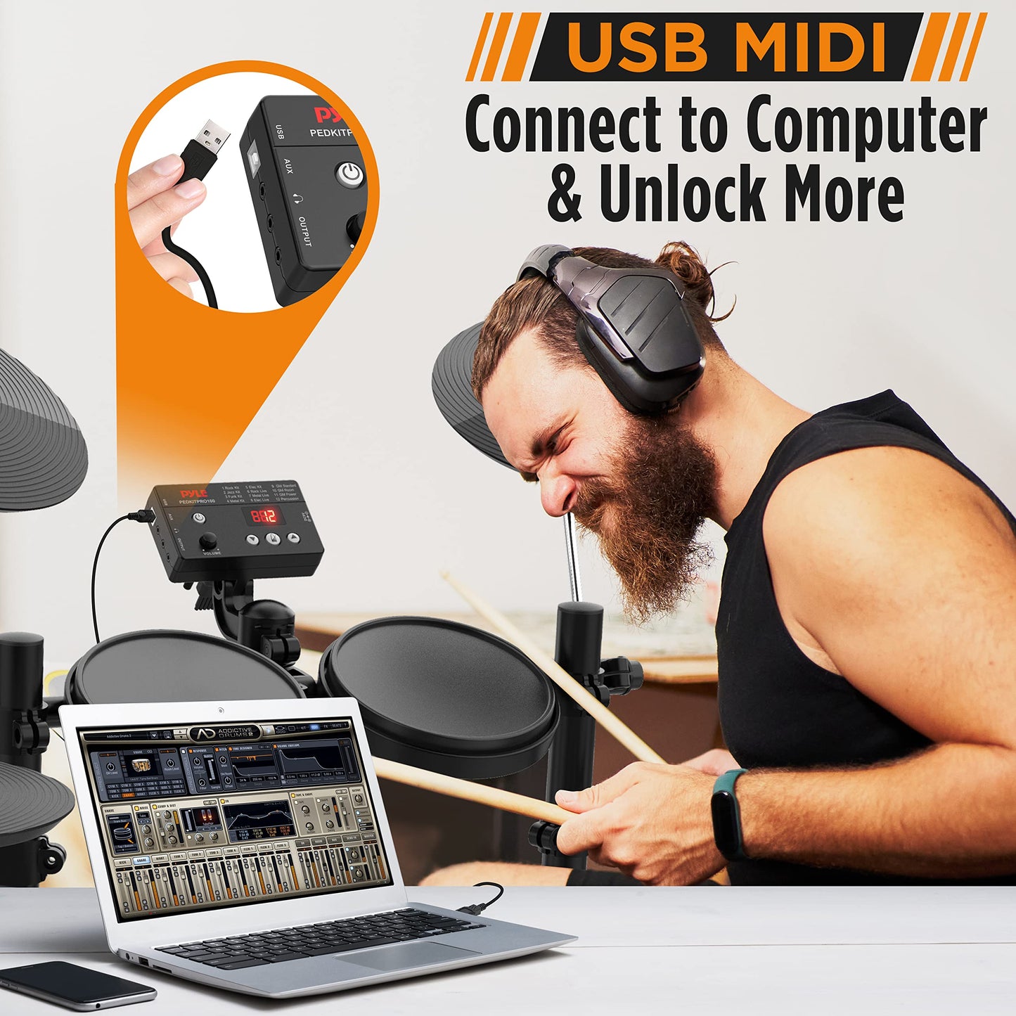 Pyle 7-Piece Electric Drum Set, Electronic Drumming Kit Machine with MIDI Support, Preloaded Sounds, Record Mode, Cymbals, Digital Foot Pedals, Sound Module, Drumsticks, Mac/PC Compatible