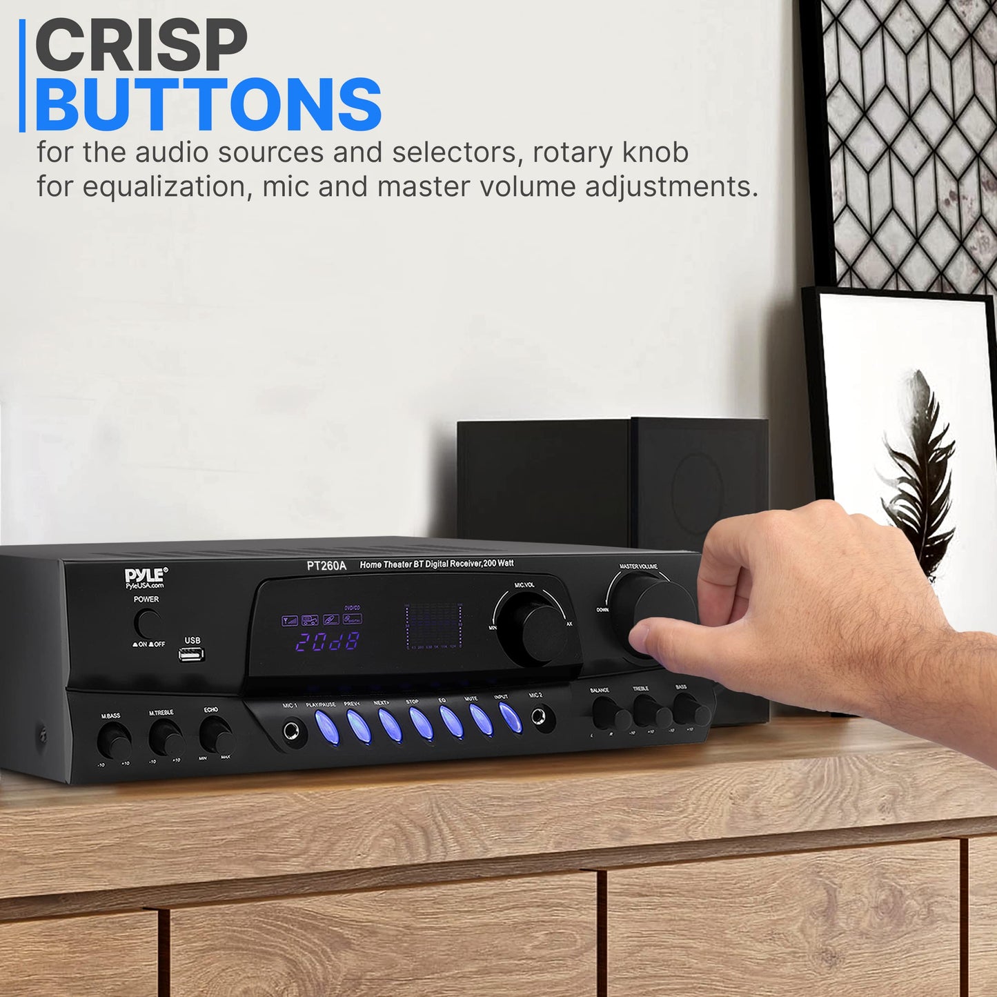 Pyle 200W Home Audio Power Amplifier - Stereo Receiver with AM/FM Tuner - 2 Mic Inputs with Echo - Digital Display - EQ Controls - Remote Control - Ideal for Karaoke & Home Entertainment - PT260A