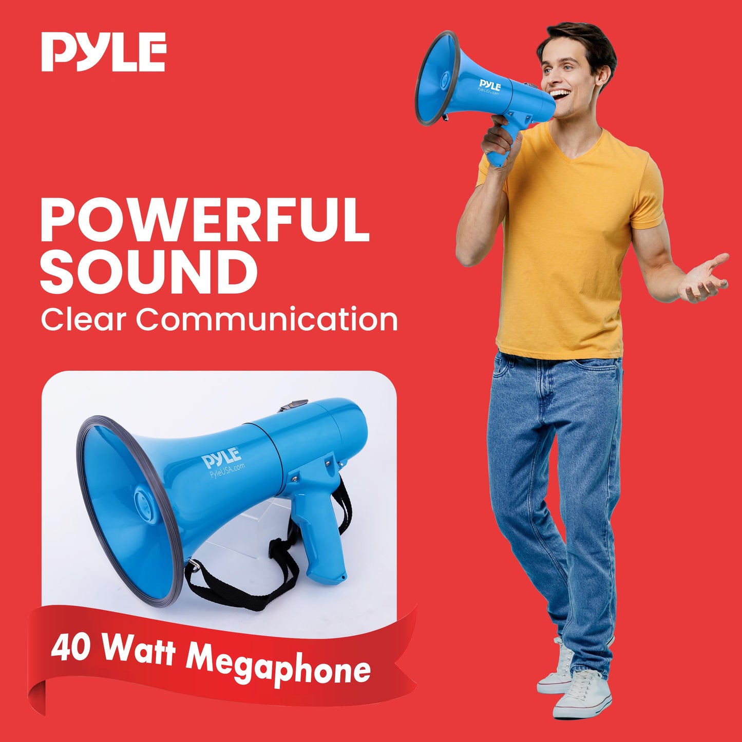 Pyle 40W Megaphone Siren Bullhorn Speaker, Portable and Lightweight Automatic Bullhorn for Indoor and Outdoor Use, 800 Square Yards Projection Range, Use as Siren/Music (Blue)