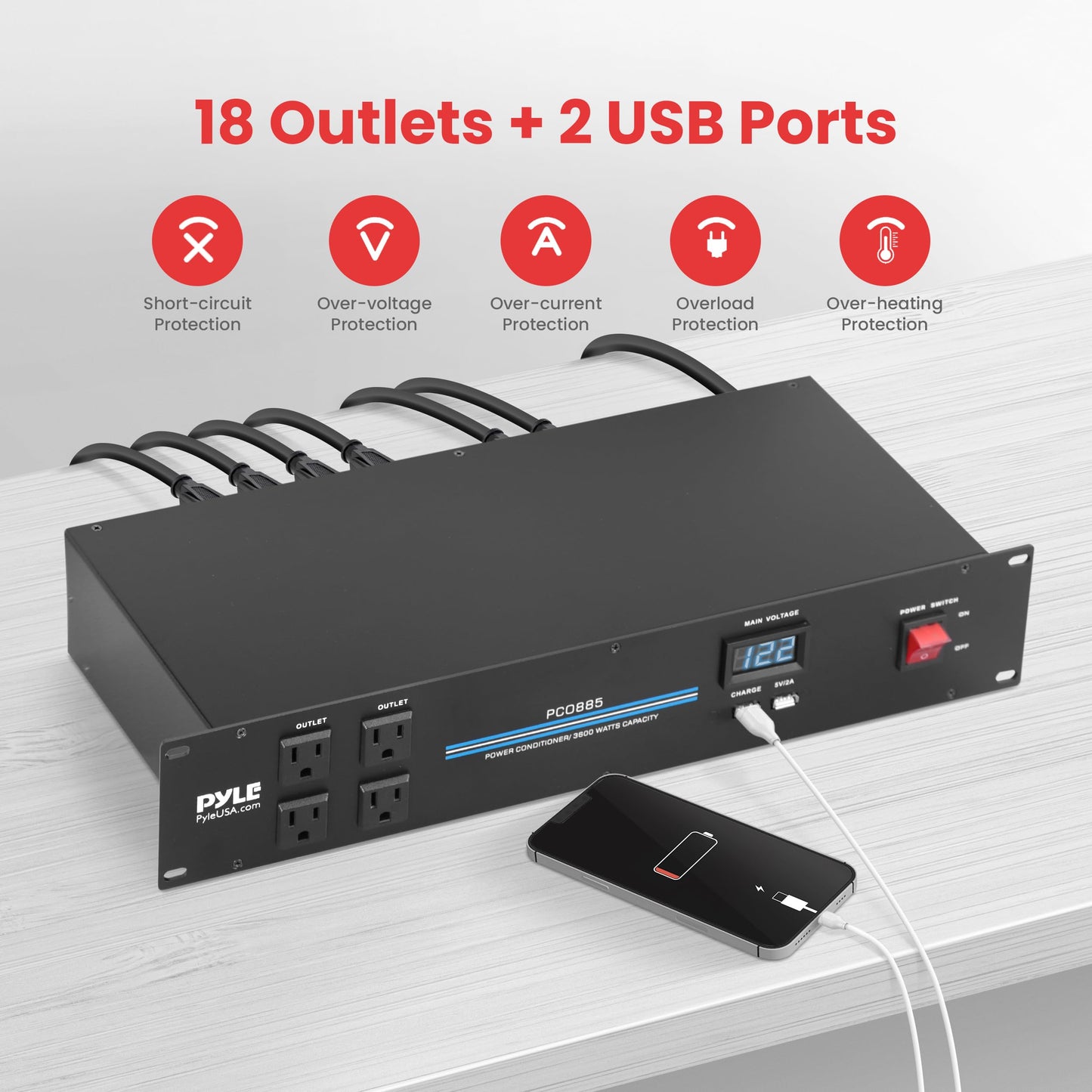 Pyle 3600W 15 Amp PDU Power Strip Surge Protector - 20 Outlet 2U Rack Mount Power Conditioner with Digital Voltage Display - USB Ports - AC Filter - Circuit Breaker - RFI/EMI Protection - PCO885