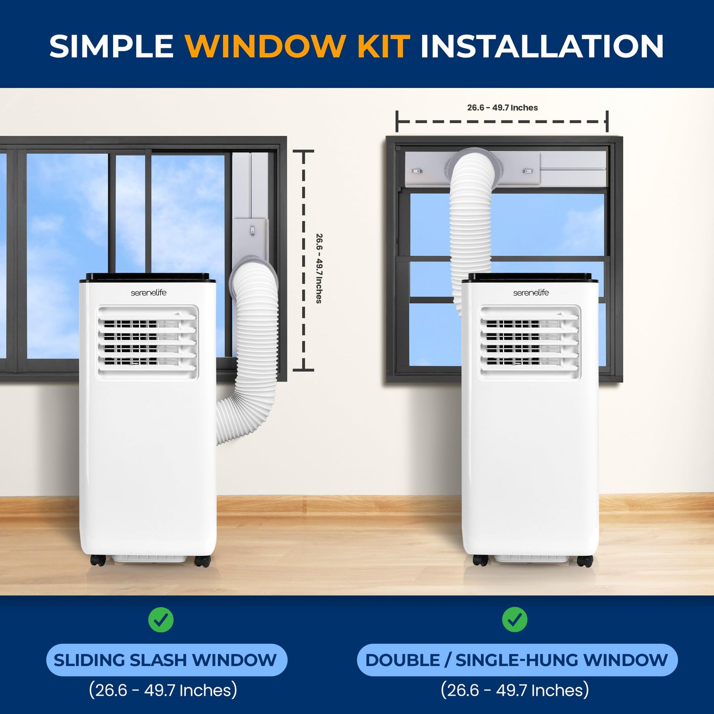 SereneLife 8000 BTU Portable Air Conditioner - 3-in-1 Compact Standing Air Conditioner for Room Up to 300 Sq. Ft. - Floor AC Unit with Remote Control - Universal Casters, Window Mount Kit
