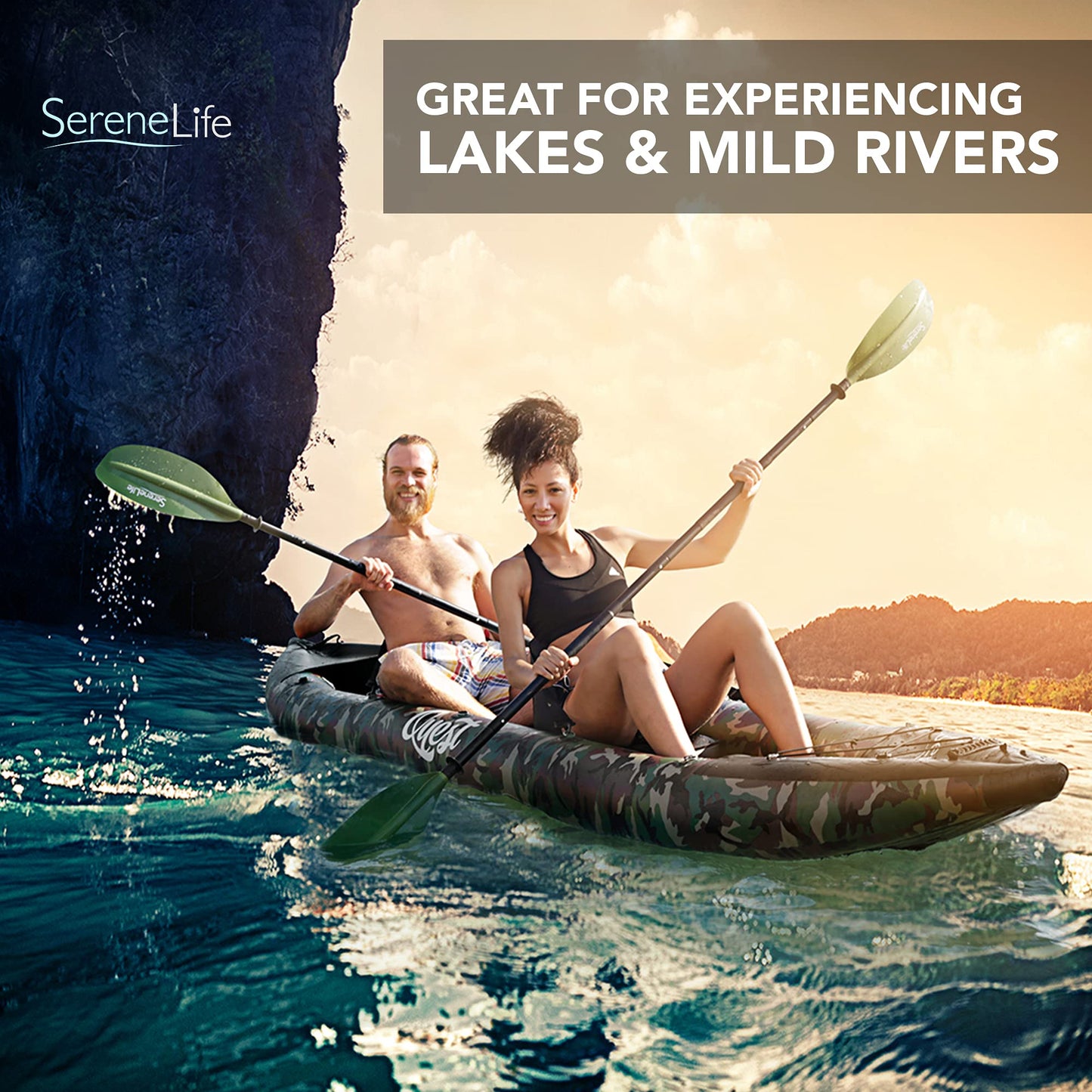 SereneLife 2-Person Inflatable Kayak with Aluminum Paddles & Pump – Portable, Lightweight Kayak for Adults with Adjustable Seats, Puncture-Resistant PVC, 660lb Capacity, Repair Kit & Carry Bag – Camo