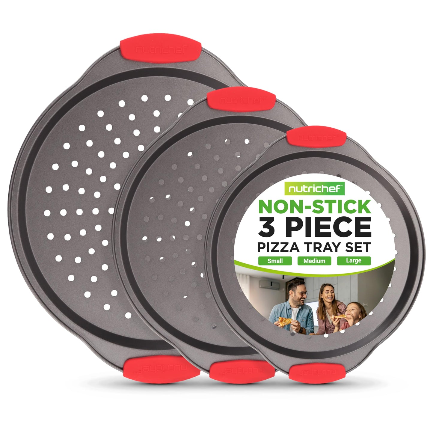 NutriChef 3-Piece Pizza Tray Set with Silicone Handles - Round Nonstick Pizza Pan with Perforated Holes, Durable Carbon Steel, Small, Medium, Large Sizes - Ideal for Crispy, Evenly Baked Pizzas (Gray)