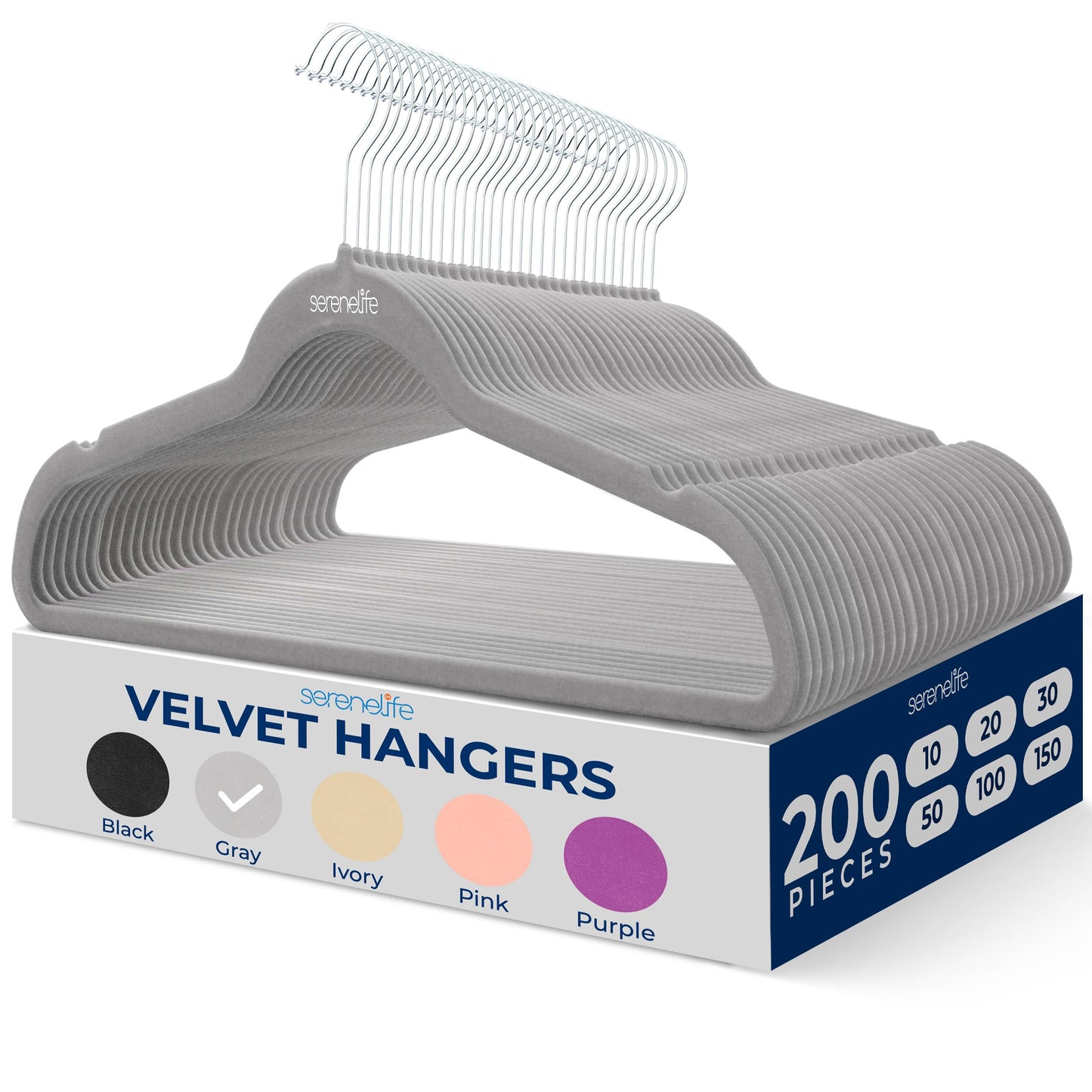 SereneLife 200-Pack Velvet Hangers – Space-Saving Non-Slip Gray Clothes Hangers with 360° Swivel Hooks, Heavy Duty Ultra-Thin Design for Coats, Shirts, Dresses & More – Durable & Lightweight