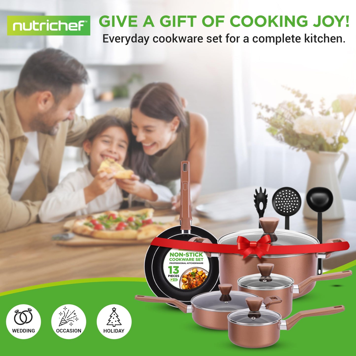 NutriChef 13 Pcs. Nonstick Kitchen Cookware PFOA/PFOS-Free Heat Resistant Kitchenware Set w/Saucepan, Frying Pans, Cooking Pots, Casserole, Lids, & Utensils, Brown, NCCWA13BR