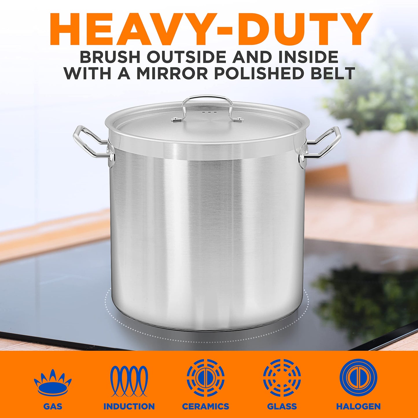 Nutrichef Stainless Steel Cookware Stockpot, 35 Quart Heavy Duty Induction Soup Pot With Stainless Steel Lid And Strong Riveted Handles, Even Heat Distribution, Compatible With Most Cooktops
