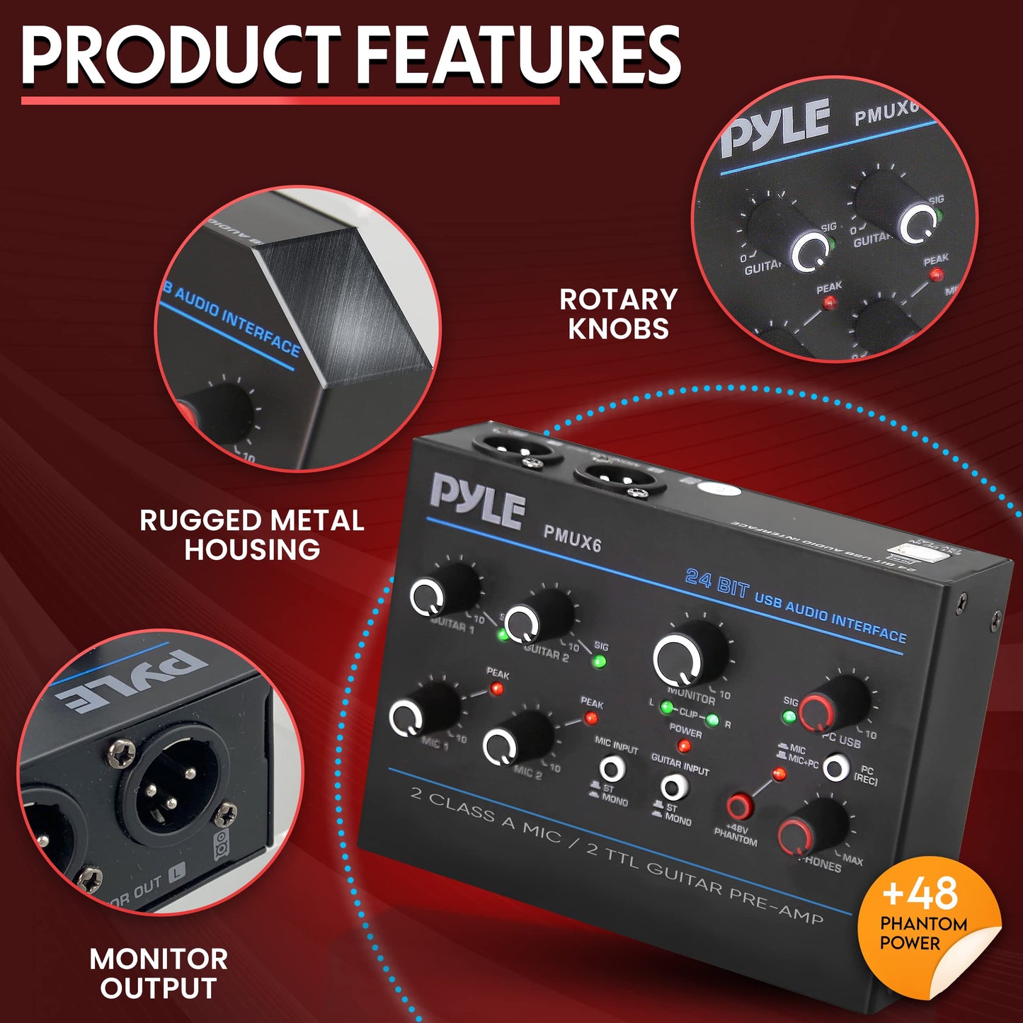 Pyle Professional USB Audio Interface - MIC/Guitar/AUX Stereo Inputs - Phone & Monitor Outputs - 48V Phantom Power - Ultra Low Noise - Compact Rugged Design - Ideal for PC Playing & Recording - PMUX6