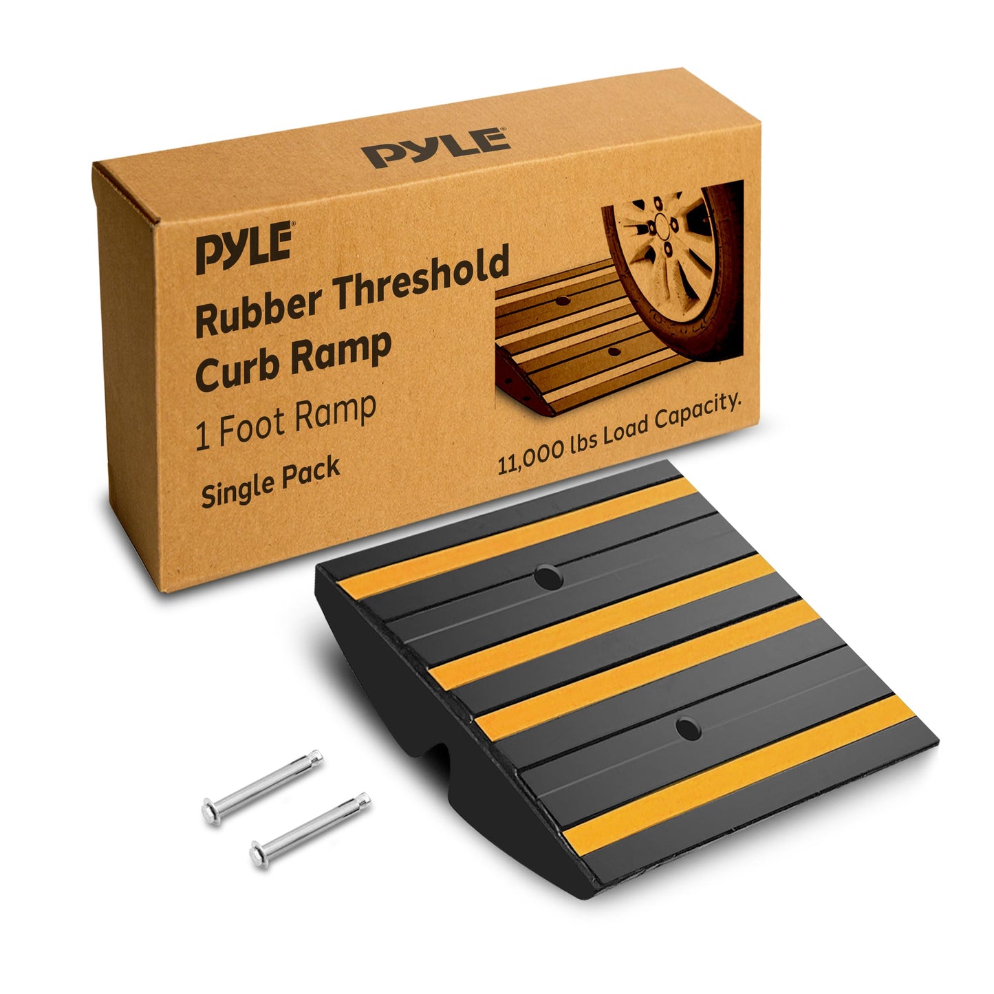 Pyle Rubber Curb Ramp for Driveway – 1 Ft. Heavy Duty Non-Slip Waterproof Vehicle Ramp with Yellow Reflective Safety Strips, Supports up to 11,000 lbs, Includes Expansion Screws for Indoor/Outdoor Use