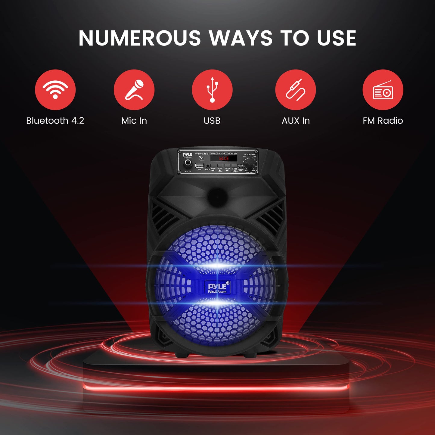Portable Bluetooth PA Speaker System - 300W Rechargeable Indoor/Outdoor Bluetooth Portable PA System w/ 8” Subwoofer 1” Tweeter, Microphone In, Party Lights, MP3/USB, Radio, Remote - Pyle PPHP836B