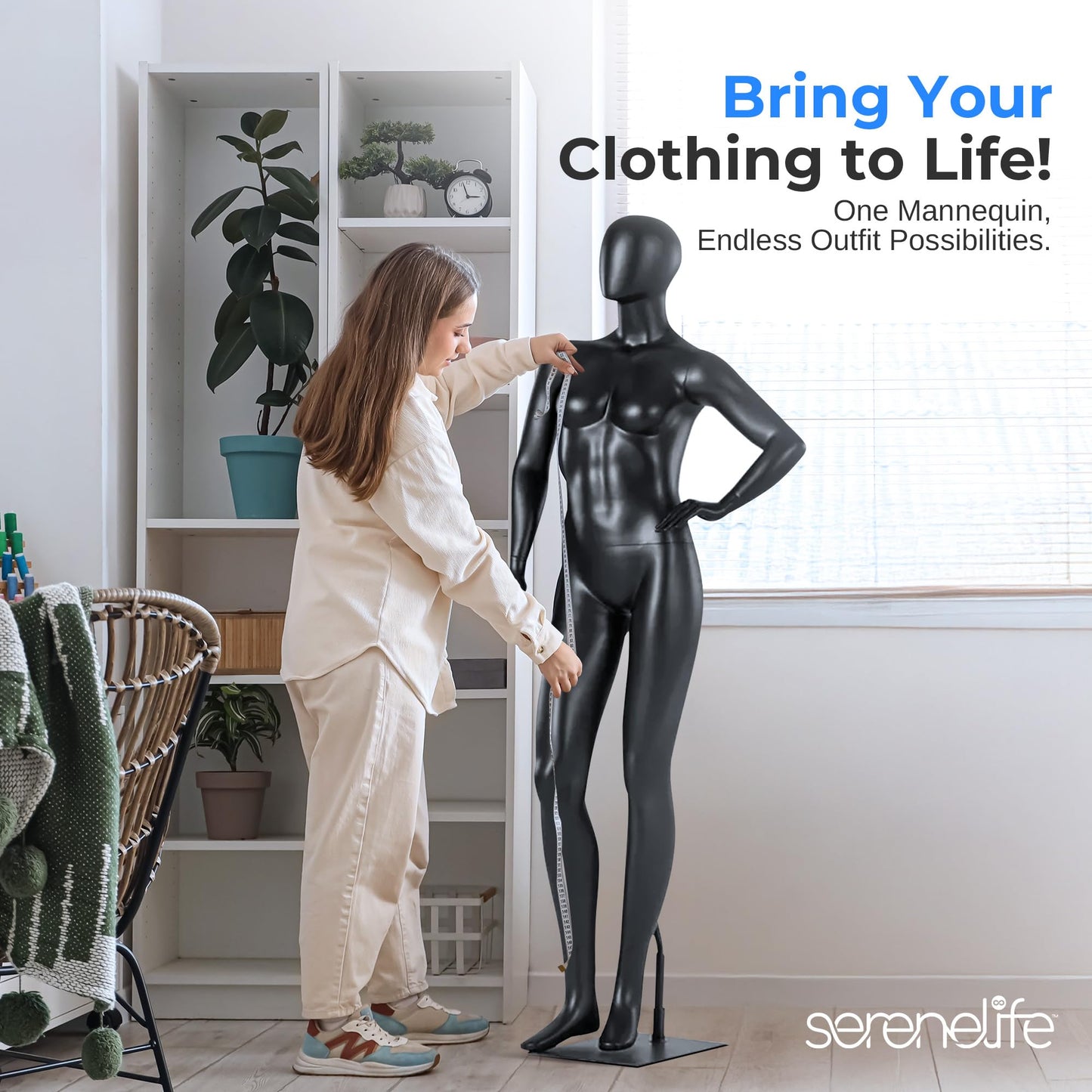 SereneLife Premium Female Mannequin – 68.9" Life-Size Dress Form with Realistic Face, Rotating Head, Flexible Limbs, Detachable Body & Sturdy Metal Base for Boutiques, Exhibits & Fashion Display