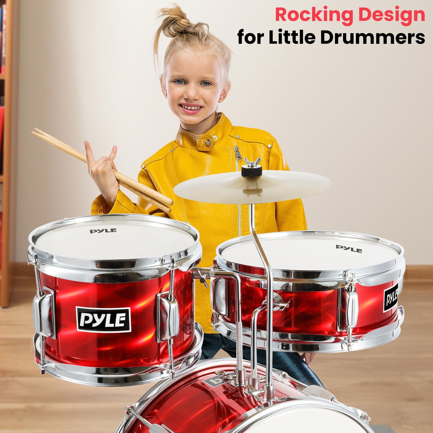 Pyle Kids Drum Set, 3 Piece Beginner Junior Drummer Kit with 13" Bass Drum, Snare, Tom, Cymbal, Adjustable Throne, Mutes, Drumsticks, Red