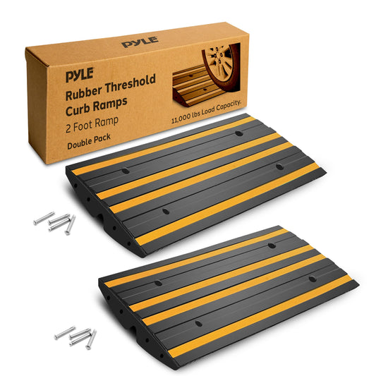 Pyle 2 Ft. Rubber Threshold Curb-Side Ramp - Yellow Reflective Lighting Strip, Pack of 2 Non-Slip Driveway Ramps for Vehicles and Wheelchairs 24.0’’x 16.0’’ x 2.6’’ inches, Expansion Screws Included