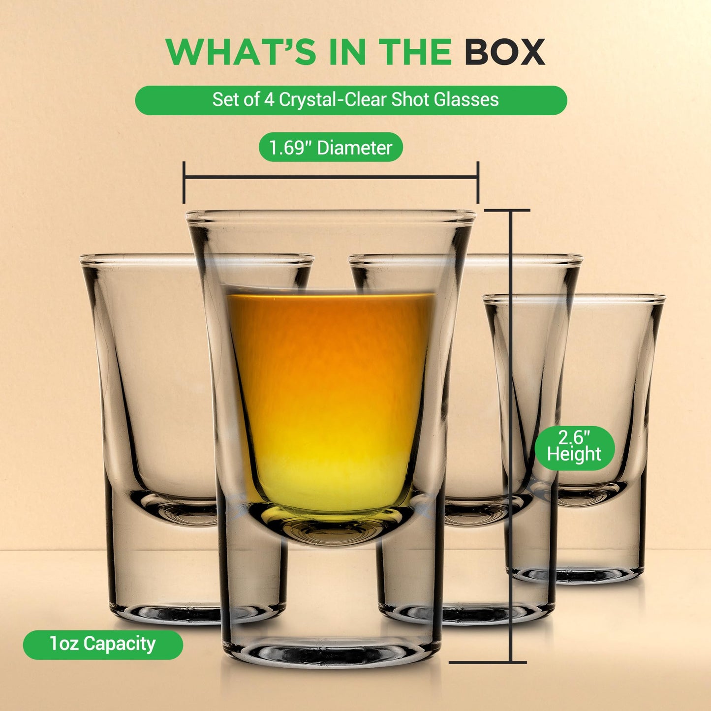 NutriChef 4-Pack Clear Shot Glasses - Heavy Stable Base with Thick Glass - For Hot & Cold Drinks, Whiskey, Vodka, Tequila, Cordial, Spirits, Liquors, & Espressos - Small Bulk 1 Ounce Shotglass
