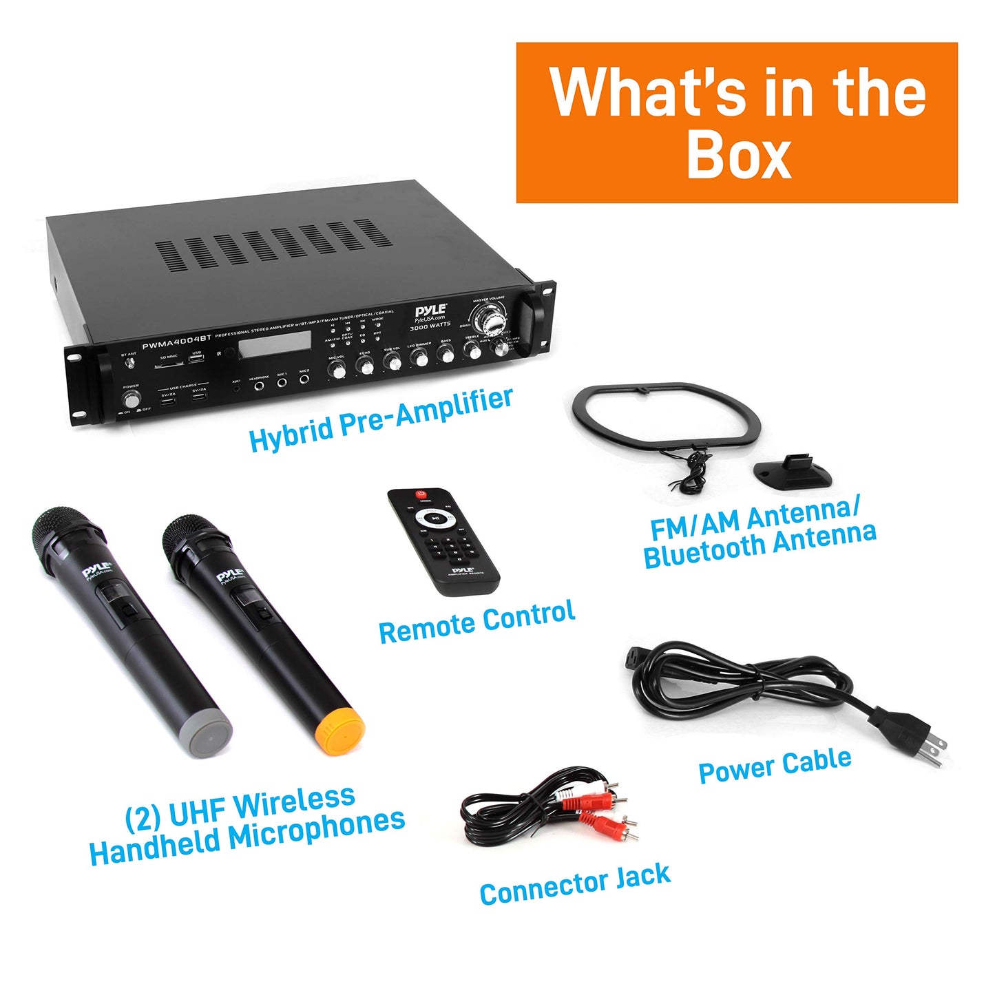Pyle Bluetooth Multi-Channel Hybrid Pre-Amplifier System - 3000W Home Audio Rack Mount Stereo Power Amplifier Receiver w/ Radio, USB, UHF, Dual Wireless Karaoke mic, Speaker Sound System - PWMA4004BT