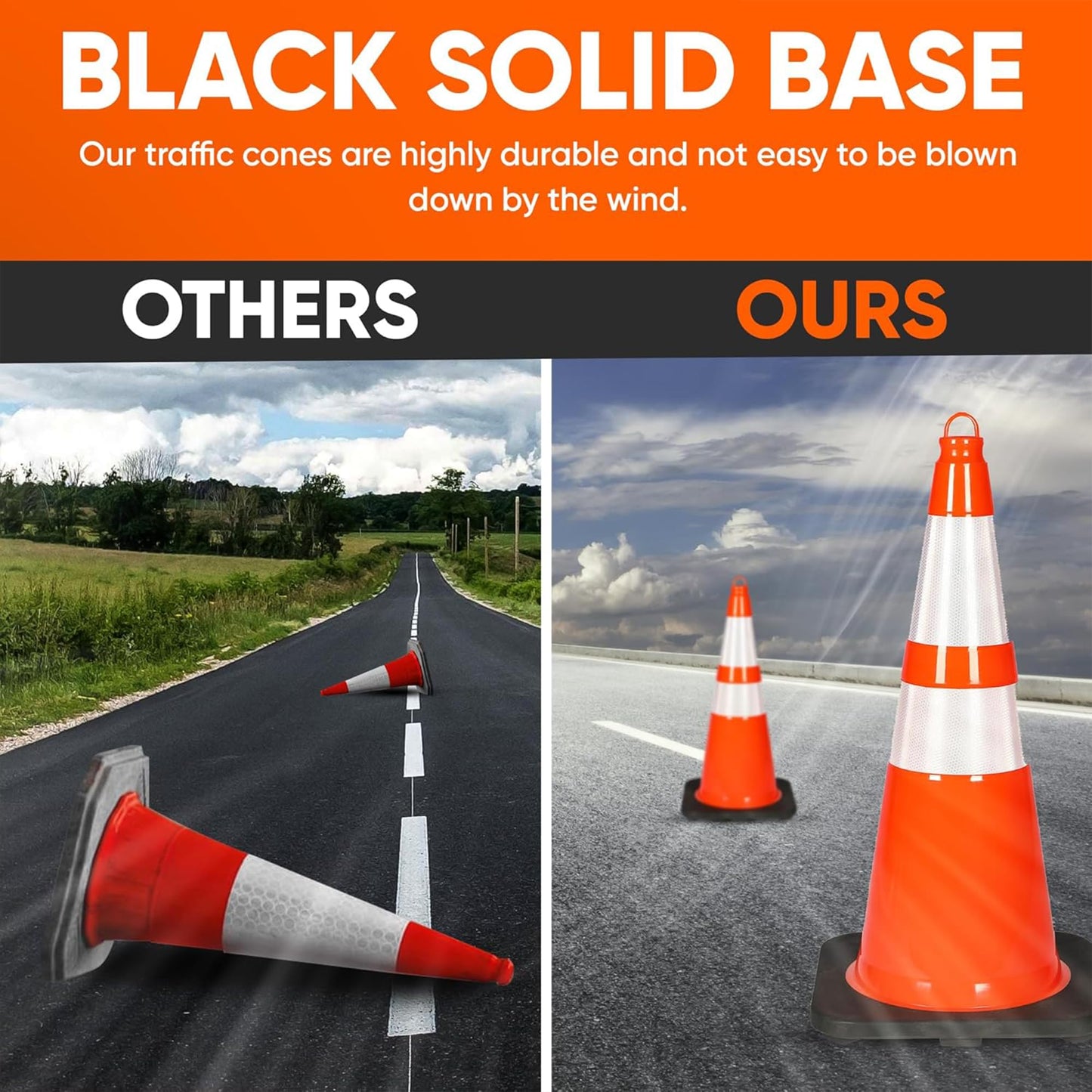 Pyle 28" PVC Traffic Cones, 4-Pack Safety Cones for Parking, Construction, Roadwork, & Sports Training, High-Visibility Orange, Durable, Stackable Design, Heavy-Duty Base for Stability in All Weather