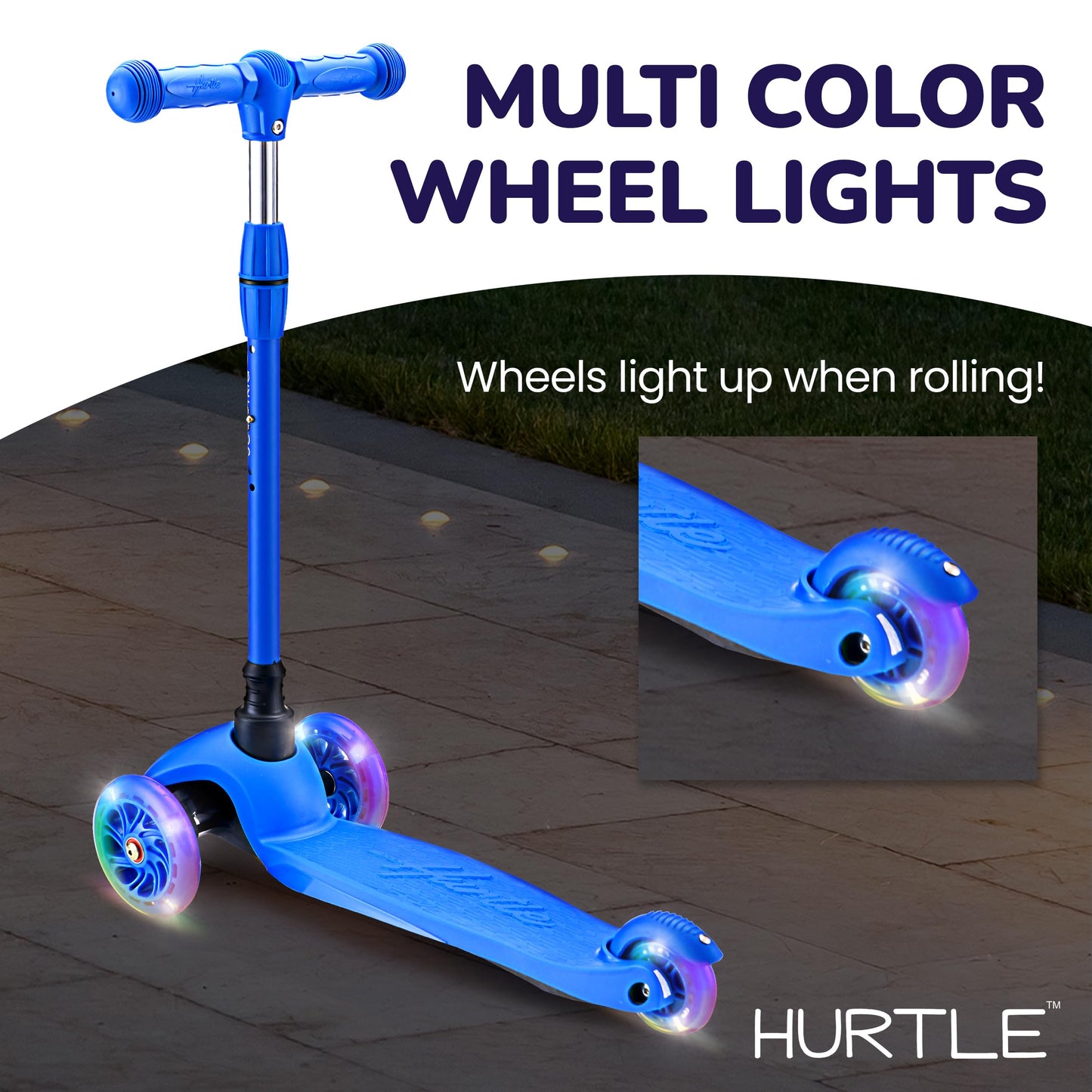 Hurtle Mini Kickboard Scooter for Kids - Height Adjustable 25''-28'', Lightweight 3-Wheel with LED Light-up Wheels, Anti-Slip, Indoor/Outdoor Fun, for Ages 2-5 (Blue)