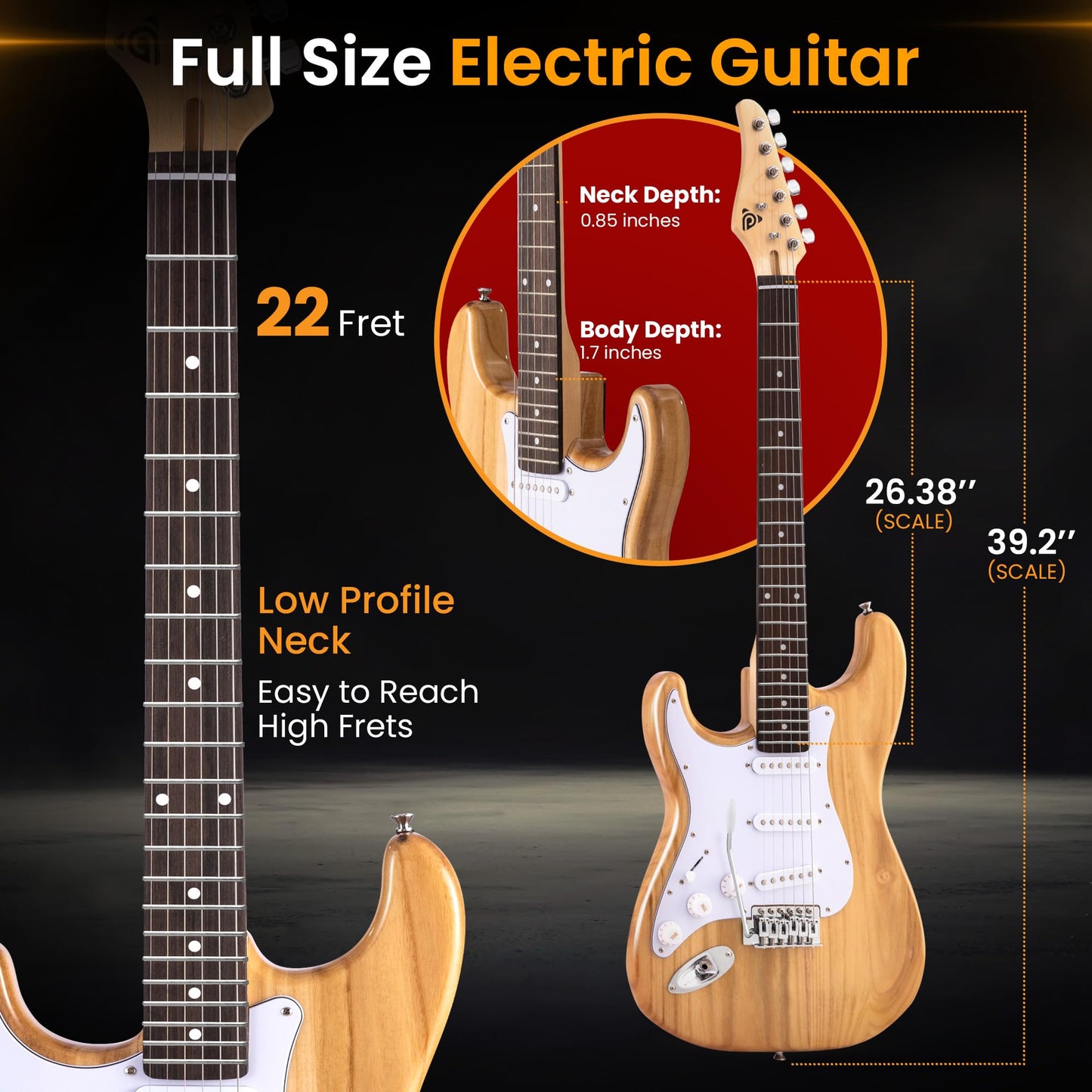 Pyle Full Size Left Handed Electric Guitar Kit with 5W Amplifier, Gig Bag, Picks, Spare Strings, and Strap, ST-Style Beginner Guitar Bundle with 22 Frets, Paulownia Wood Body, Natural-Lefty