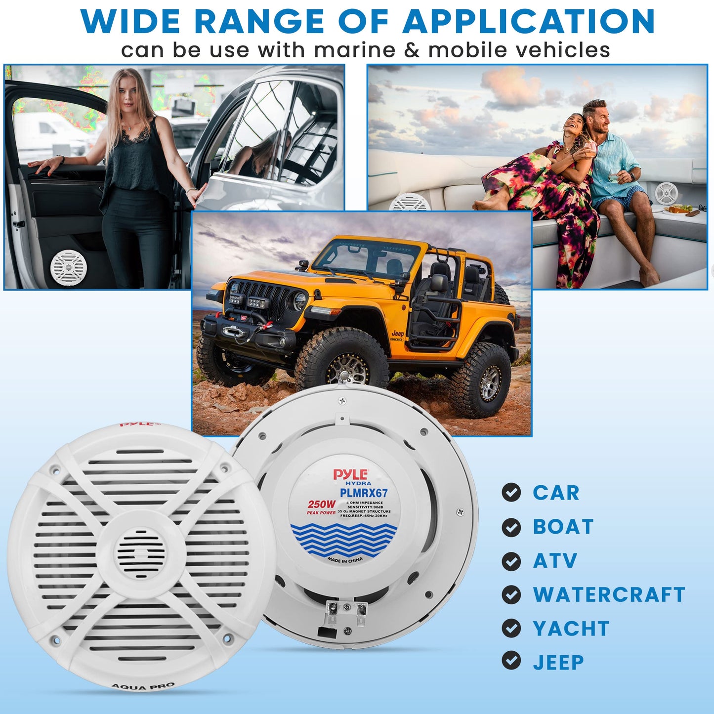 Pyle 250 Watt Marine Speaker System - Water Resistant Dual 2 Way 6.5 Inch Outdoor Stereo Audio Sound Speakers w/ 65Hz-20kHz Frequency Response, Heavy Duty 35oz Magnet Structure - Pyle PLMRX67 (White)
