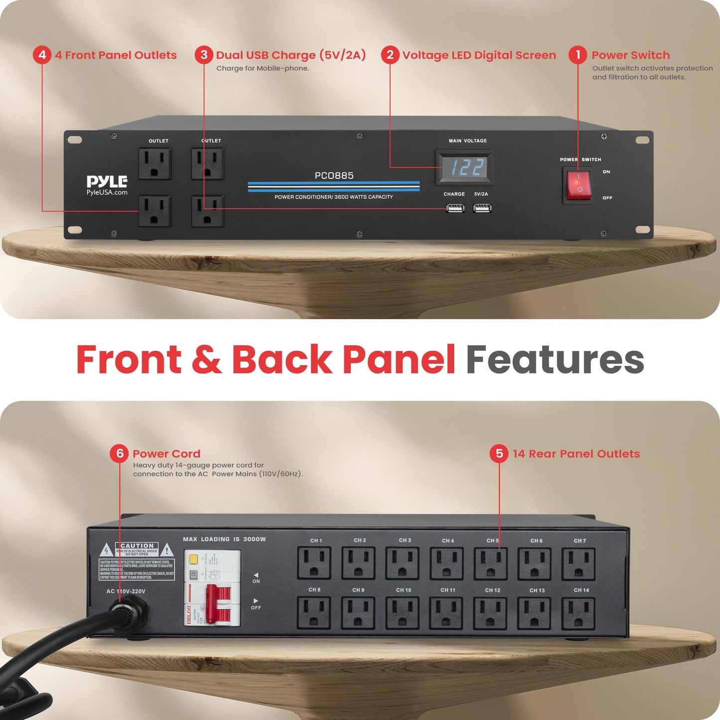 Pyle 3600W 15 Amp PDU Power Strip Surge Protector - 20 Outlet 2U Rack Mount Power Conditioner with Digital Voltage Display - USB Ports - AC Filter - Circuit Breaker - RFI/EMI Protection - PCO885